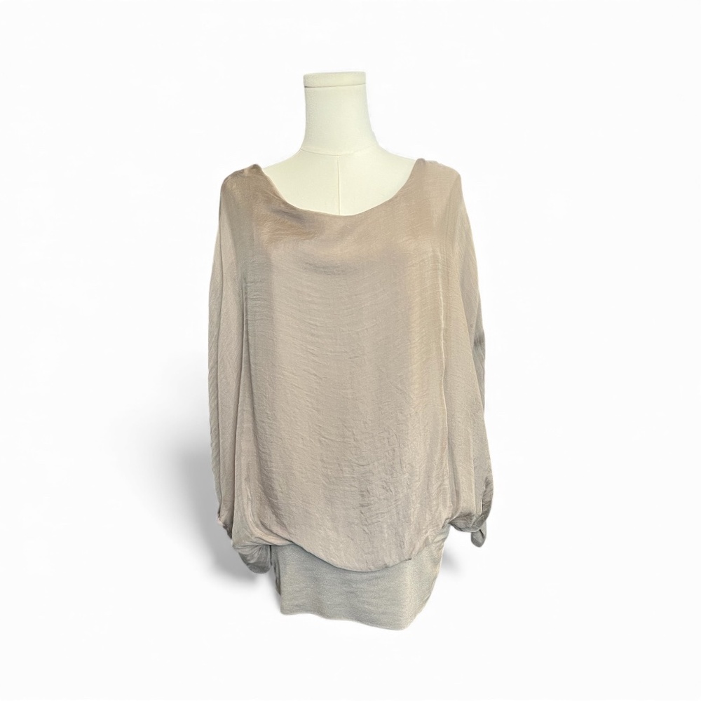 🫒🤎 EUC PIAZZA ROMA Olive Green/Brown Batwing Silk Blouse | Sz M